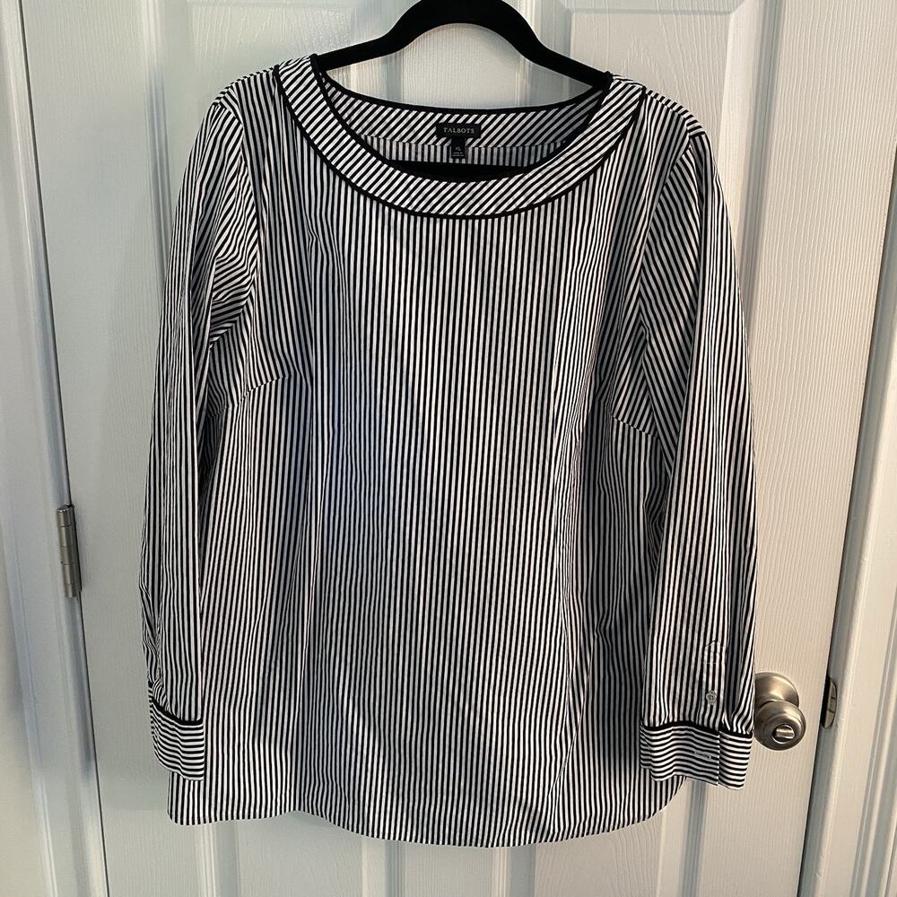 Talbots White Blouse Womens XL Cotton Stretch Black White Fitted Side Zip